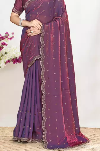 Purple sequin embellished work two tone satin silk saree