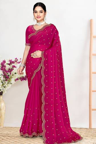 Magenta sequin embellished work two tone satin silk saree