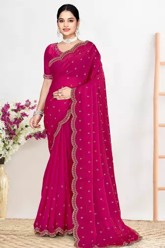 Magenta sequin embellished work two tone satin silk saree
