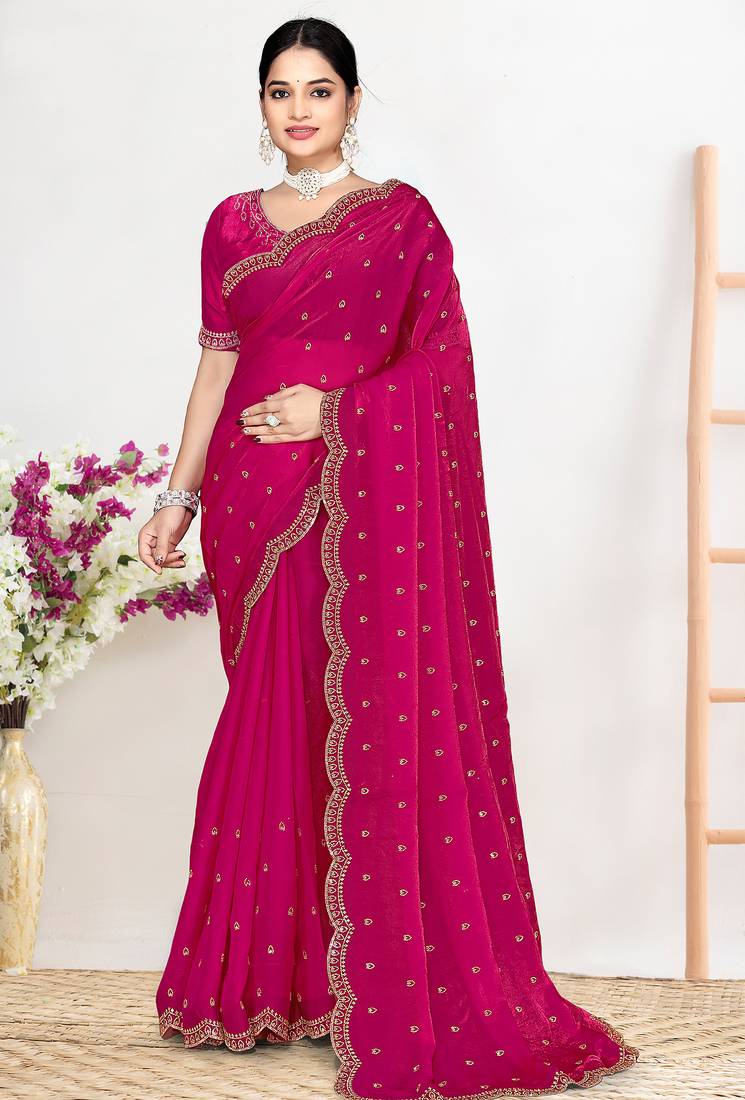 Magenta sequin embellished work two tone satin silk saree