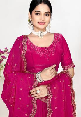 Magenta sequin embellished work two tone satin silk saree 2