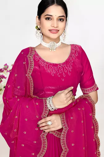 Magenta sequin embellished work two tone satin silk saree
