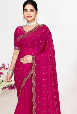 Magenta sequin embellished work two tone satin silk saree 3
