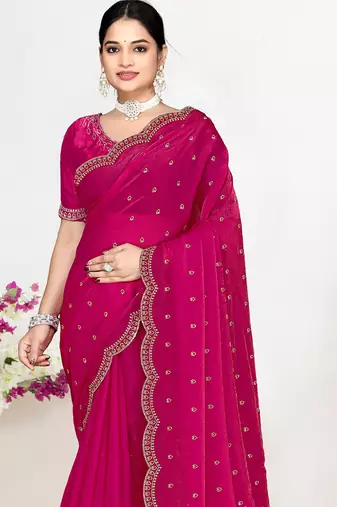 Magenta sequin embellished work two tone satin silk saree