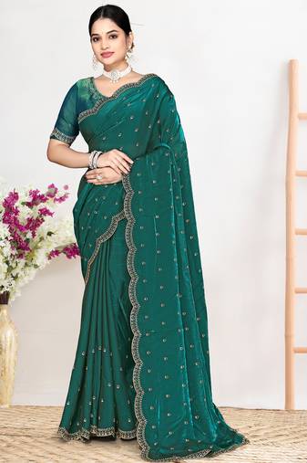 Green sequin embellished work two tone satin silk saree