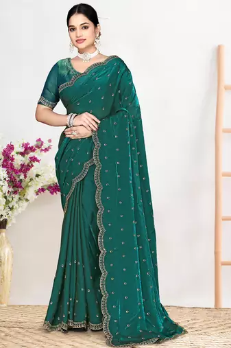 Green sequin embellished work two tone satin silk saree