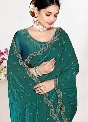 Green sequin embellished work two tone satin silk saree 2