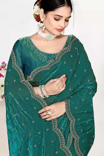 Green sequin embellished work two tone satin silk saree