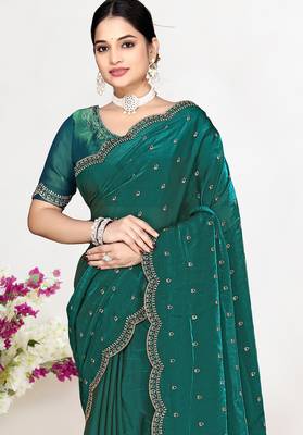 Green sequin embellished work two tone satin silk saree 3