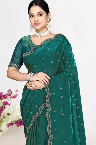 Green sequin embellished work two tone satin silk saree