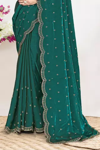 Green sequin embellished work two tone satin silk saree
