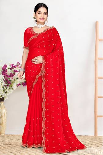 Red sequin embellished work two tone satin silk saree