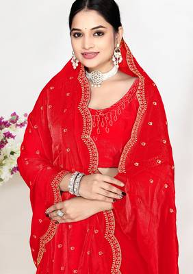 Red sequin embellished work two tone satin silk saree 2