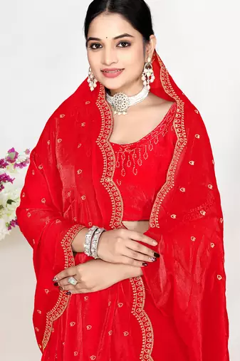 Red sequin embellished work two tone satin silk saree