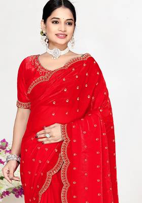 Red sequin embellished work two tone satin silk saree 3