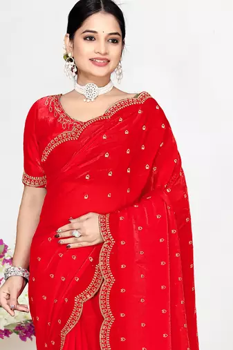 Red sequin embellished work two tone satin silk saree