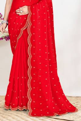 Red sequin embellished work two tone satin silk saree 4