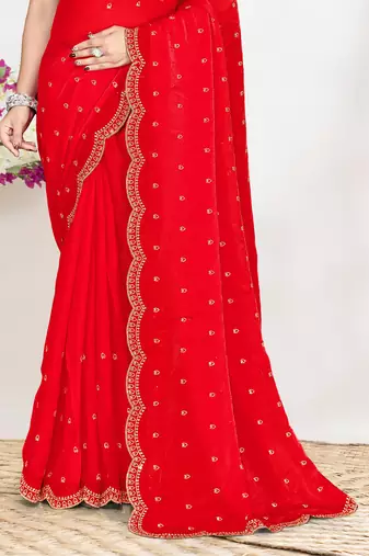 Red sequin embellished work two tone satin silk saree