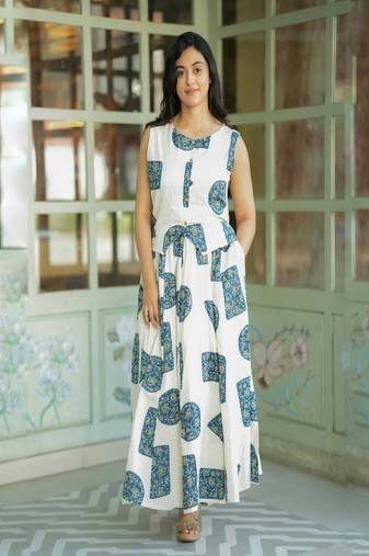 Floral printed cotton round neck white co-ord set