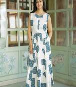 Floral printed cotton round neck white co-ord set