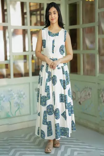 Floral printed cotton round neck white co-ord set