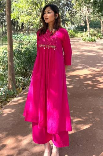 Floral embroidered cotton round neck pink kurta & trouser set