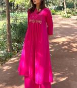 Floral embroidered cotton round neck pink kurta & trouser set