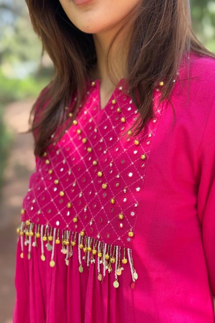 Floral embroidered cotton round neck pink kurta & trouser set
