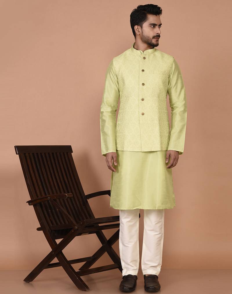 Men's woven design floral jacquard kurta jacket set