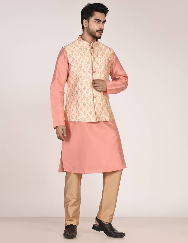 Men's woven design floral jacquard kurta jacket set