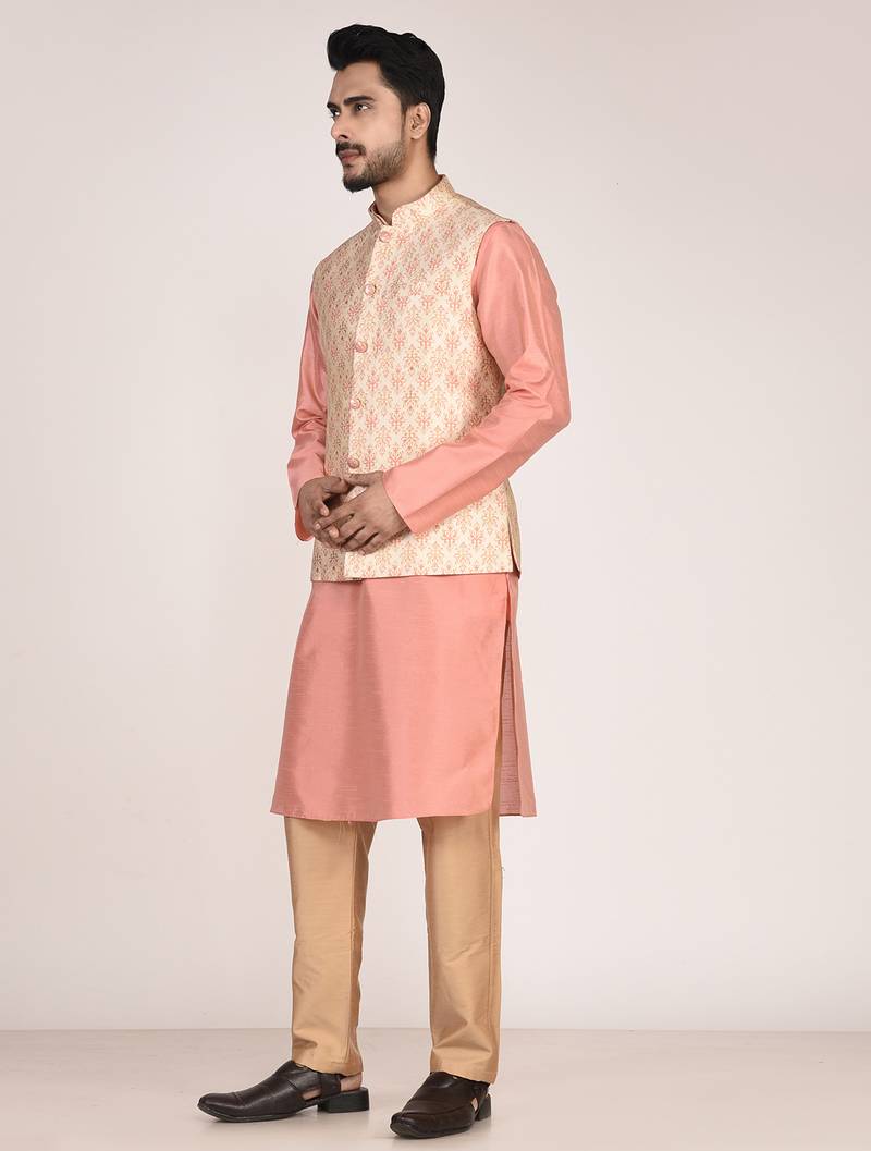 Men's woven design floral jacquard kurta jacket set