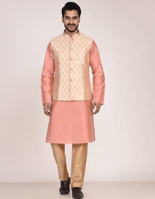 Men's woven design floral jacquard kurta jacket set 4