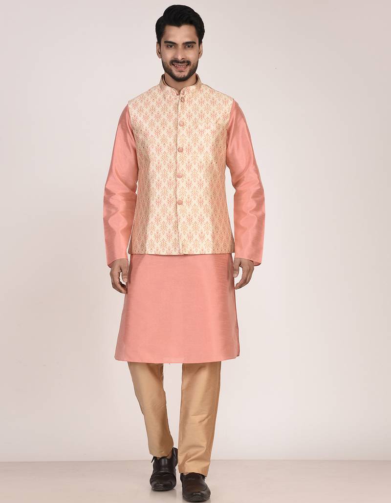 Men's woven design floral jacquard kurta jacket set