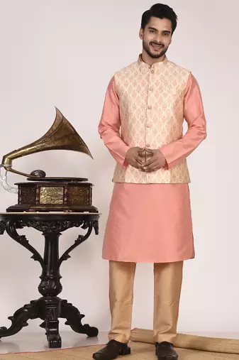 Men's woven design floral jacquard kurta jacket set