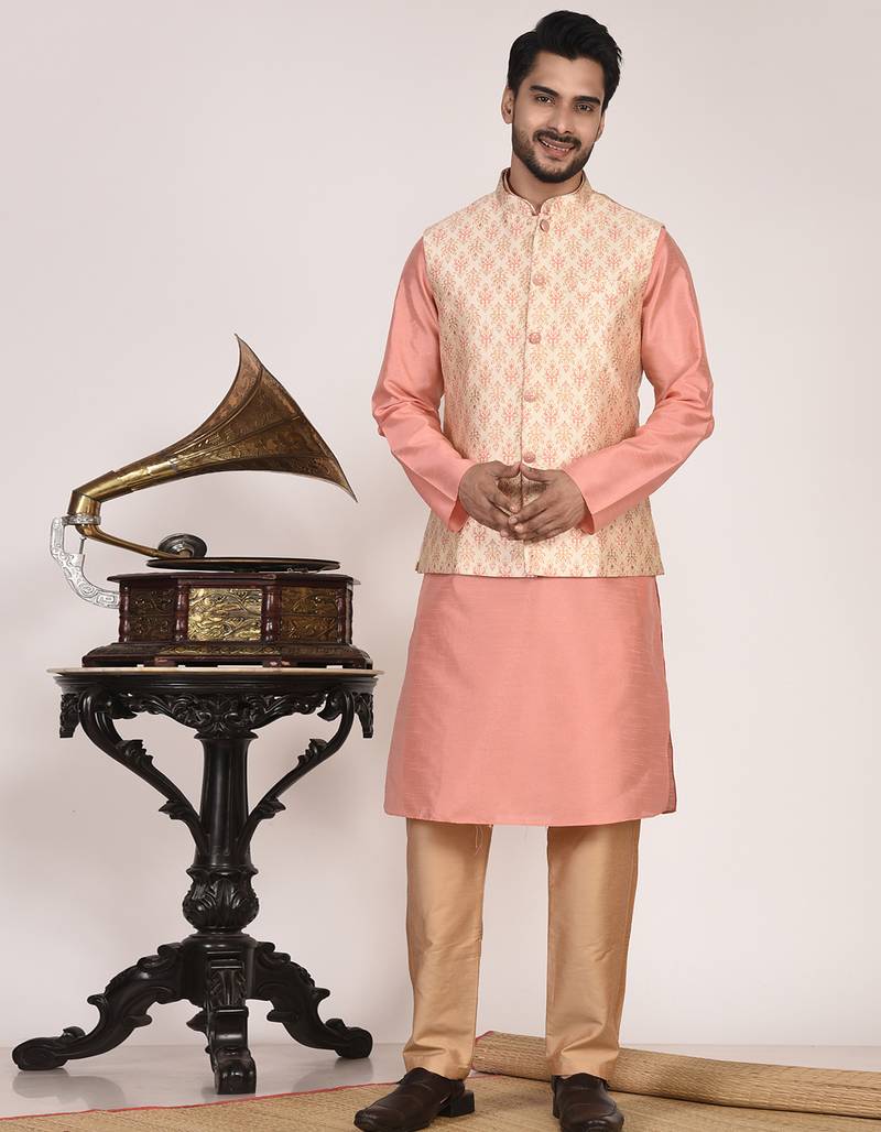 Men's woven design floral jacquard kurta jacket set