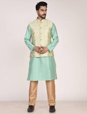 Men's woven design floral jacquard kurta jacket set 1