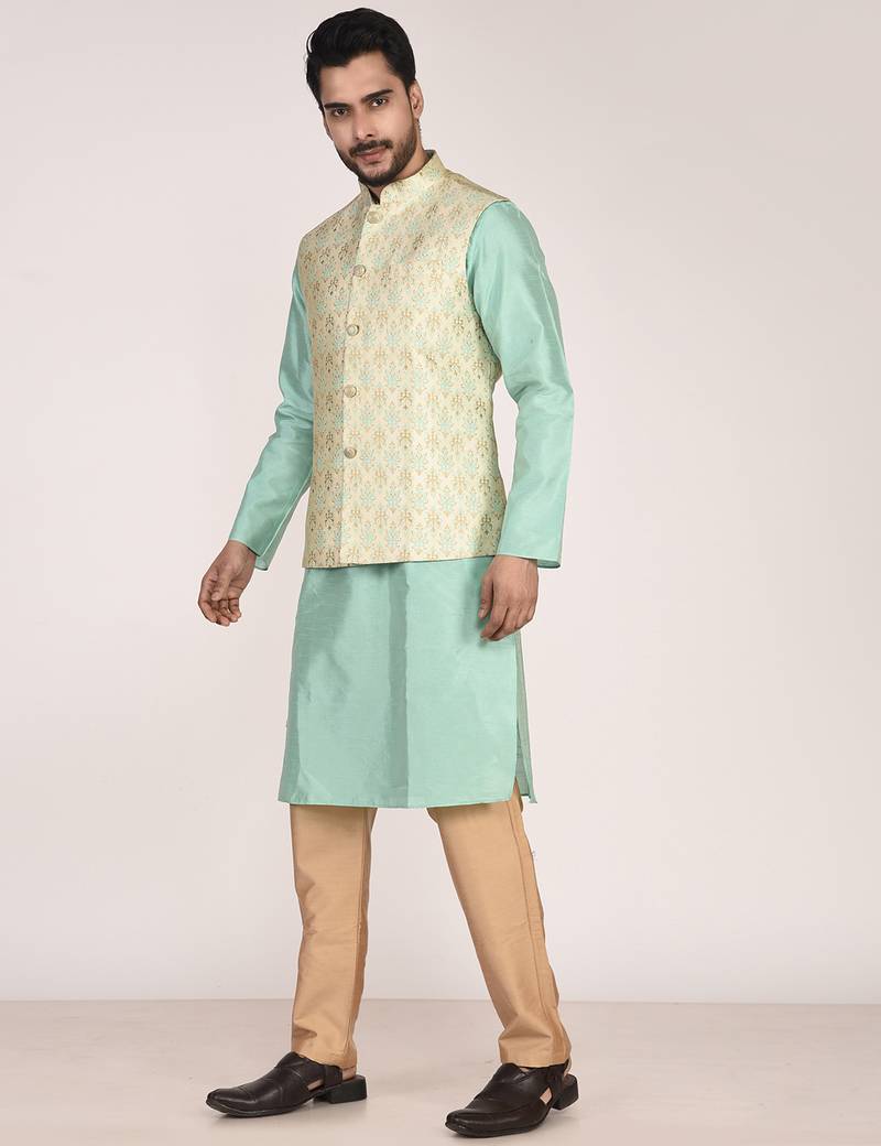 Men's woven design floral jacquard kurta jacket set
