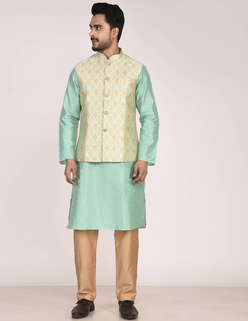 Men's woven design floral jacquard kurta jacket set