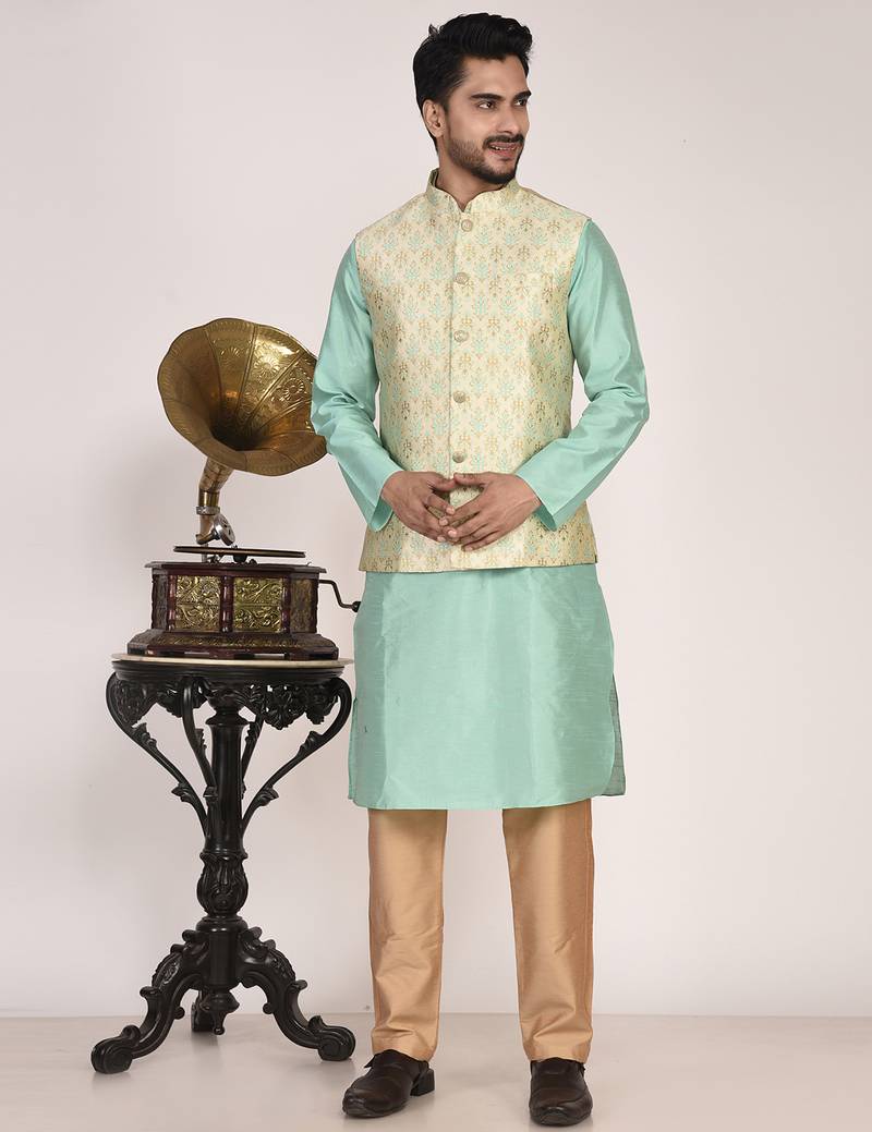 Men's woven design floral jacquard kurta jacket set