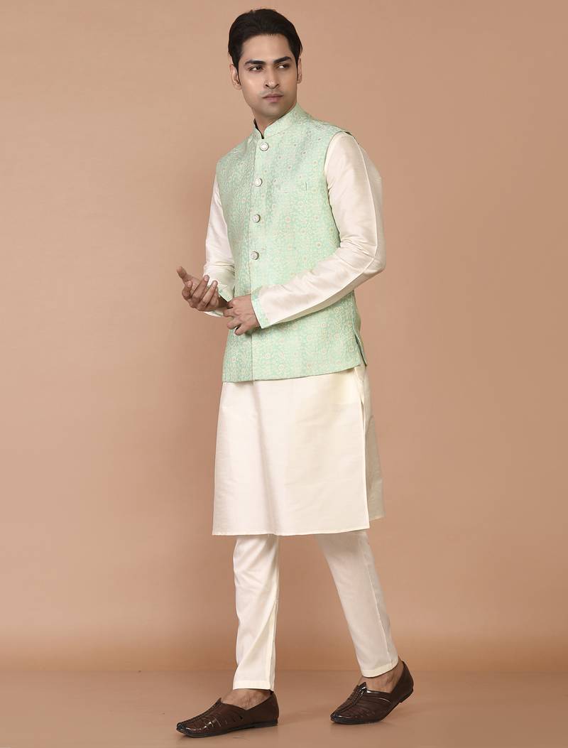 Men's woven design floral jacquard kurta jacket set