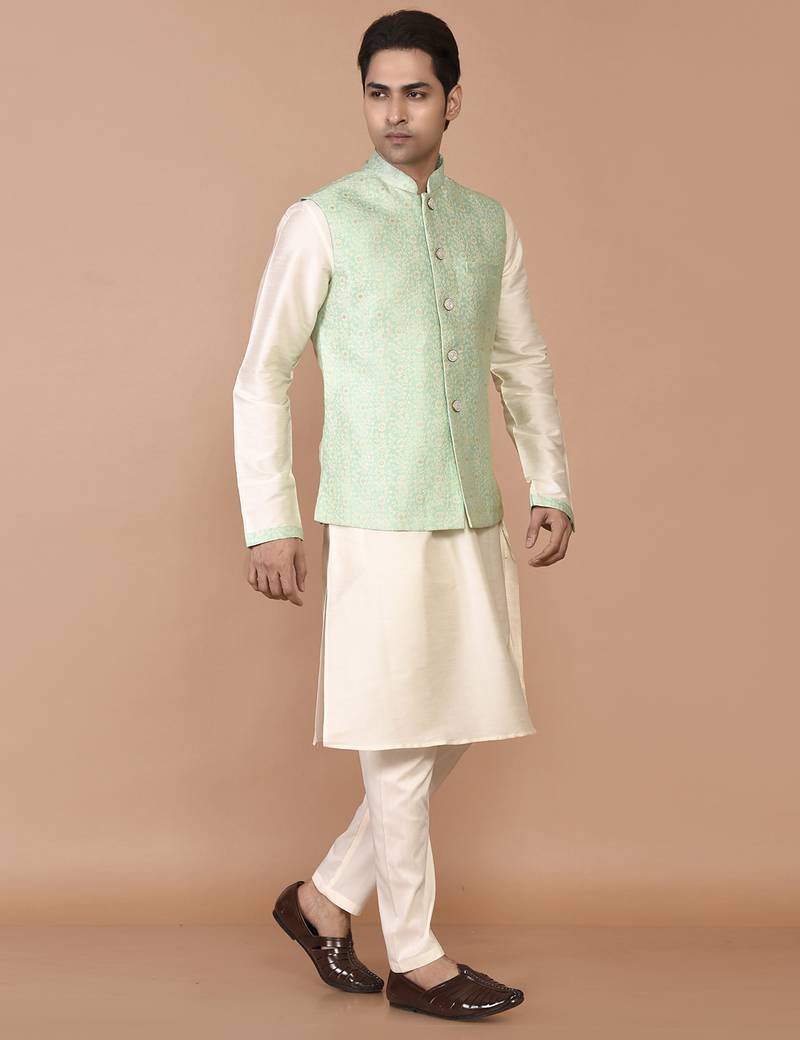 Men's woven design floral jacquard kurta jacket set