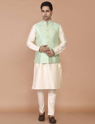 Men's woven design floral jacquard kurta jacket set 4