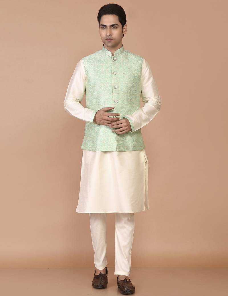 Men's woven design floral jacquard kurta jacket set
