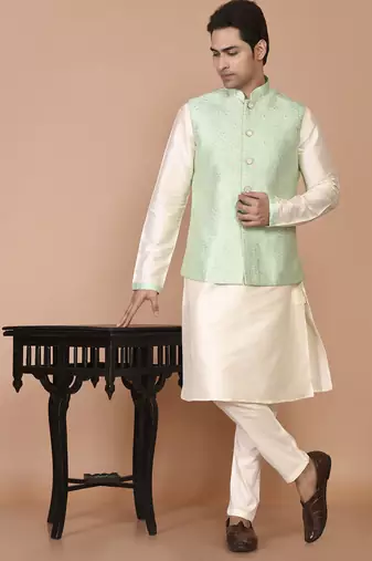 Men's woven design floral jacquard kurta jacket set