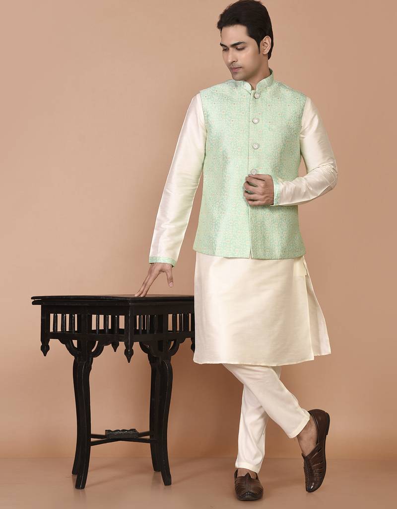 Men's woven design floral jacquard kurta jacket set