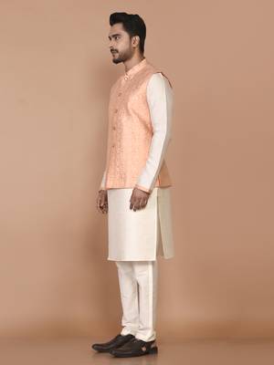Men's woven design floral jacquard kurta jacket set 2