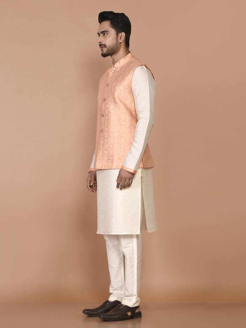 Men's woven design floral jacquard kurta jacket set
