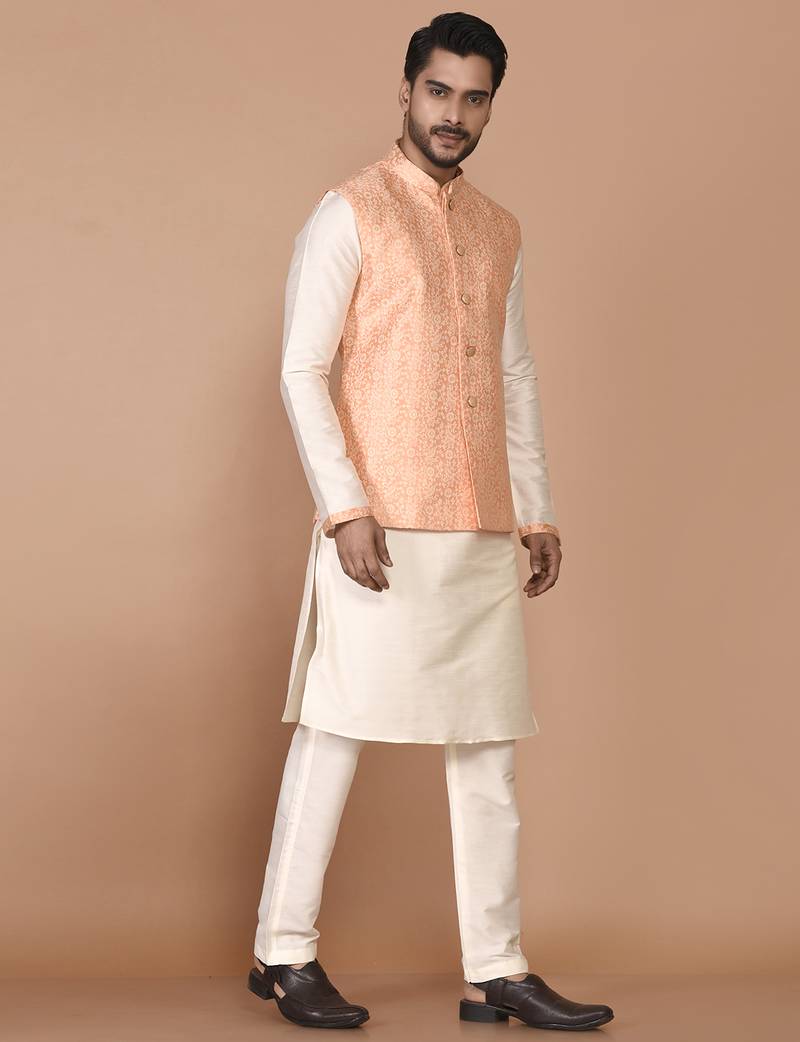 Men's woven design floral jacquard kurta jacket set