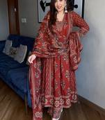 Floral printed cotton v neck red  kurta trouser & dupatta set