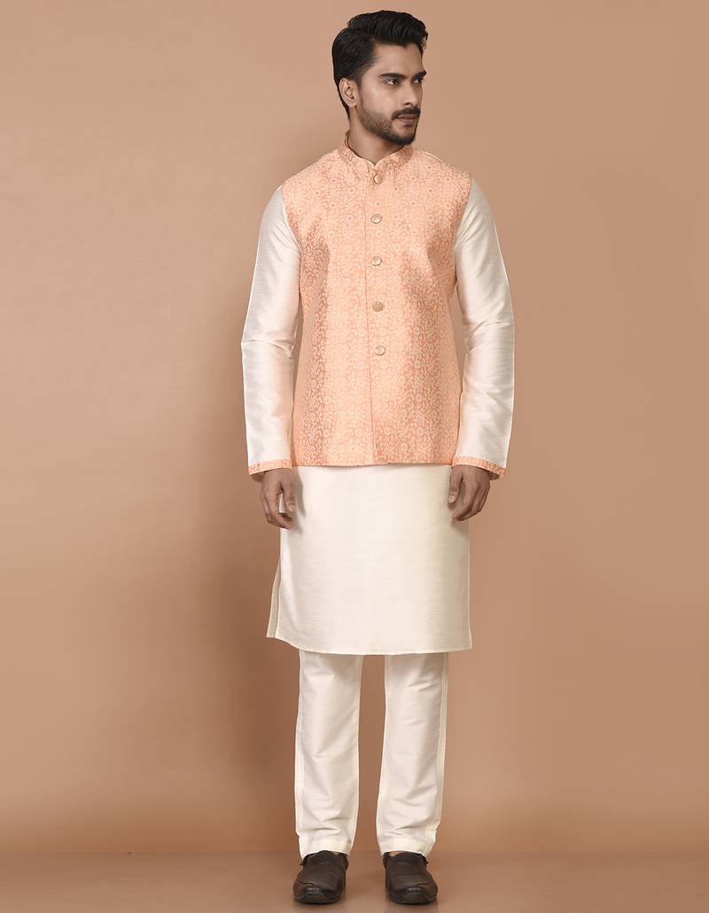 Men's woven design floral jacquard kurta jacket set